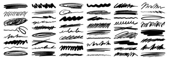 Hand-drawn black scribbles, underlines, and marker lines. Rough sketchy elements for notes, highlights, or abstract design accents on white background vector