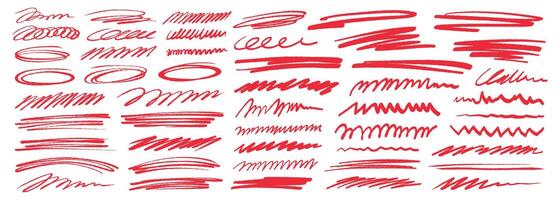Red grunge strike through and underline elements. Set of hand drawn red pencil lines and strokes. Doodle ink brush lines. Crosses and curved strokes vector