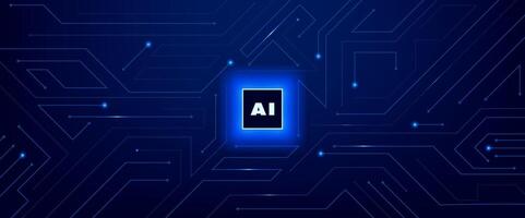 Futuristic digital circuit board background with glowing AI chip in the center. Modern technology, artificial intelligence and electronic circuit chip manufacturing innovation concept. vector