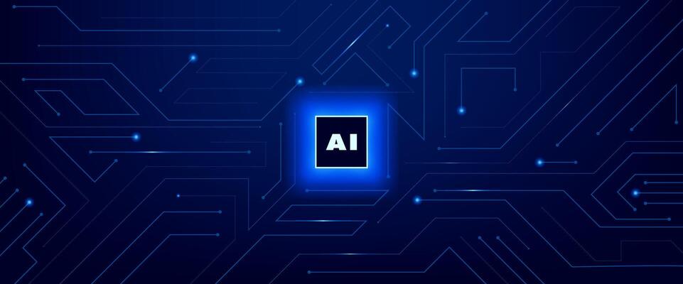 Futuristic digital circuit board background with glowing AI chip in the center. Modern technology, artificial intelligence and electronic circuit chip manufacturing innovation concept.