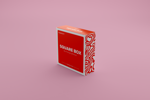A mockup box with a red and white design on it psd