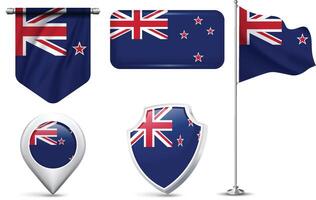 Set of New Zealand Flags in Different Shapes and Styles vector