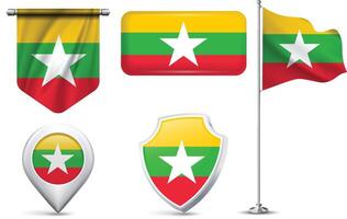 Set of Myanmar Flags in Different Shapes and Styles vector