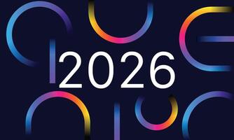 2026 New Year banner with numbers from simple geometric shapes and figures inside confetti. Template for greeting card, invitation, poster, flyer, web. illustration vector