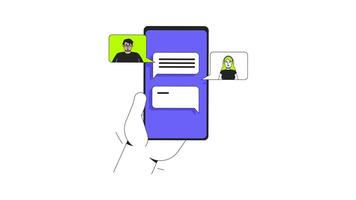 Group chat 2D onboarding ui animation. Hand holding smartphone with messaging app. Online collaboration. Mobile phone chatting animated cartoon flat concept metaphor 4K isolated on white video