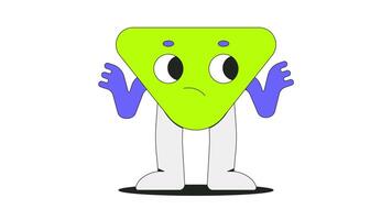Confused groovy triangle character shrugging 2D onboarding ui animation. Retro 70s triangular personage unsure. Uncertainty whatever animated cartoon flat concept metaphor 4K isolated on white video