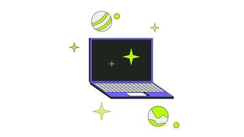 Laptop with orbiting planets sparkles 2D onboarding ui animation. Cosmic internet. Cyber space notebook. Universe technology animated cartoon flat concept metaphor 4K isolated on white video