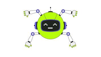Robotics helper with pixelated smile 2D onboarding ui animation. Round robot with multiple arms. Mascot technology. Friendly AI floating animated cartoon flat concept 4K isolated on white video