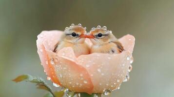 Two little birds inside a rose in the rain photo