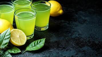 Lemon refreshment, lemonade in dark background. Cool drinks for summer. photo