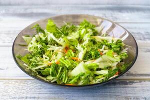 Green microgreen salad on a light blue plate. A natural and organic concept for healthy eating and spring or summer food presentations. photo
