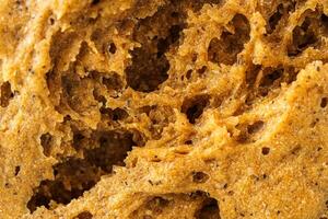 Close detailed macro view of wholesome whole grain bread texture showing the porous crust of rye country homemade bread, a baking sweet abstract background. photo