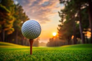 Golf ball on tee ready to be hit with beautiful sunset backdrop on golf course photo
