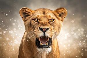 Powerful lioness displays aggressive roar with sharp teeth and intense gaze close up photo