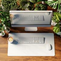 Top View of Desk with Computer and Plants - Green Office Design 3D rendering photo