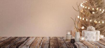 Cozy tabletop decor with candles and Christmas tree, serene 3D render. photo