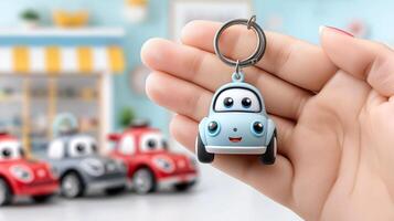 Child hand holds a bright keychain in the form of a cartoon car with a smiling face against the background of toy cars in a store or nursery. photo