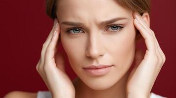 Woman holding her temples with her fingers expressing discomfort, symbolizing headache, migraine, stress, high blood pressure and health problems photo