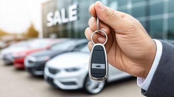 Male hand in a business suit holding car keys in front of a new car lot and a Sale banner. Concept of dealership, buying and choosing a car. photo
