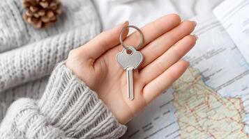 Woman hand holding a key to an apartment against the backdrop of a world map photo
