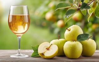 Glass of wine on a wooden table in the garden conveys the atmosphere of cozy outdoor relaxation, enjoying the moment and rustic charm on a warm summer or autumn day. photo