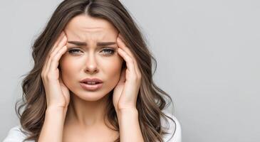 Woman holding her temples with her fingers, expressing discomfort, symbolizing headache, migraine, stress, high blood pressure and health problems. photo