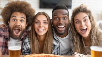 Group of friends watching a sports tournament online with beer, reacting with excitement and emotions. Concept of fans, championships, fun gatherings and home viewing photo