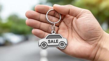 Hand holding a keychain in the shape of a car, symbolizing the purchase, rental, or leasing of a vehicle photo