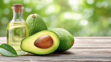 Natural avocado oil and fruits on a wooden table in the garden. Eco-style, wellness, freshness. Space for text. photo