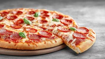 Pepperoni pizza with juicy melted cheese and a cut slice, set against a gray background. photo