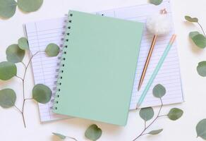 Blank spiral notebook on a white table near green eucalyptus leaves and pen, school mockup photo