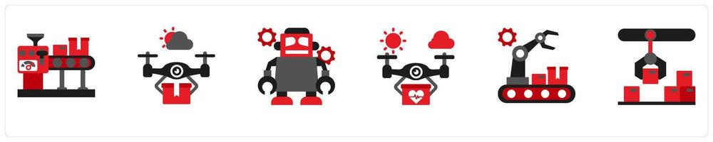 Six drone icons in as assembly line, delivery drone, robot vector