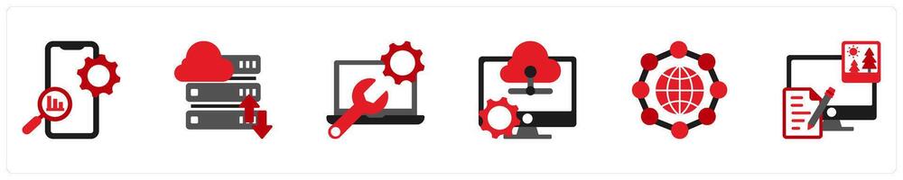 Six Technology icons as app optimization, hosting, technical support vector