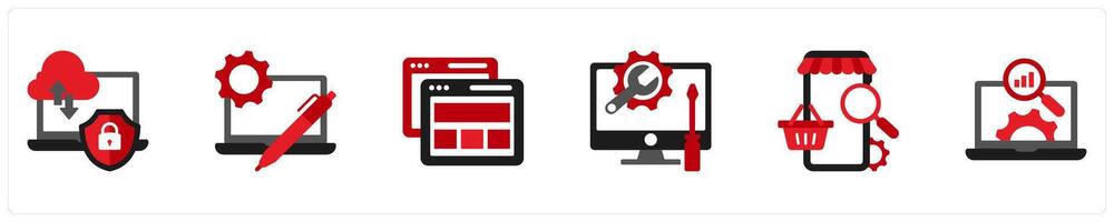 Six Technology icons as data protection, development, wireflame vector