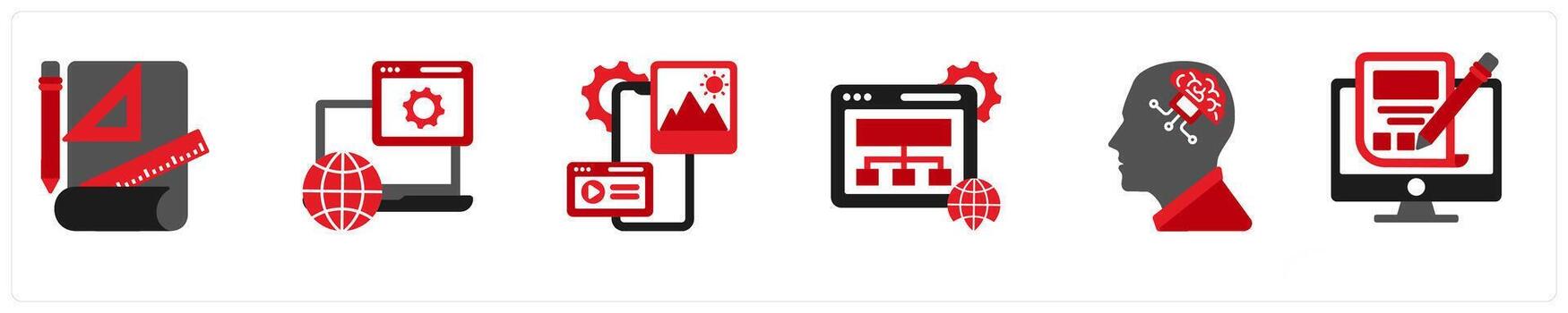 seis tecnología íconos como proyecto instrucciones, web desarrollar, aplicación desarrollando vector