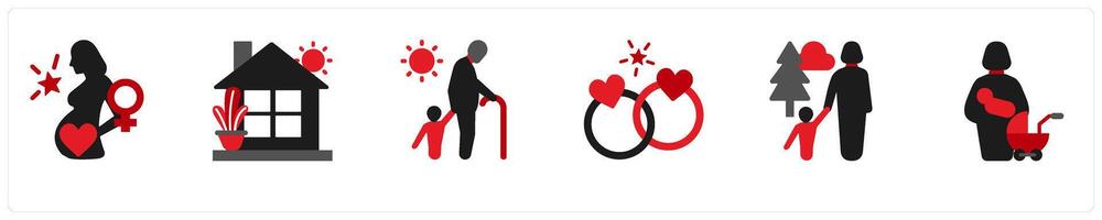 business icons in red and black as pregnancy, home, granspa and grandson vector
