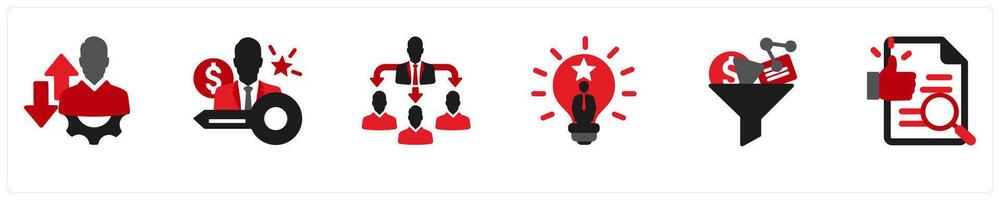 business icons in red and black as development direction, key person, delegating task vector