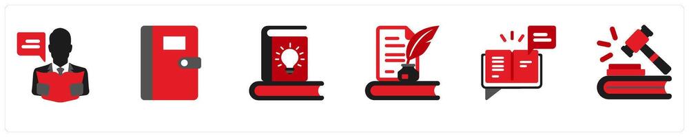 Six business icons in red and black as reader, classic book vector
