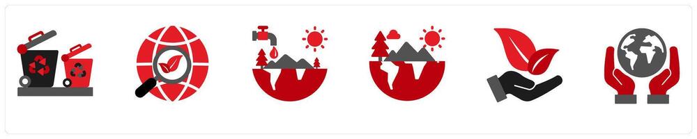 Six ecology icons in red and black as waste sorting, global research vector
