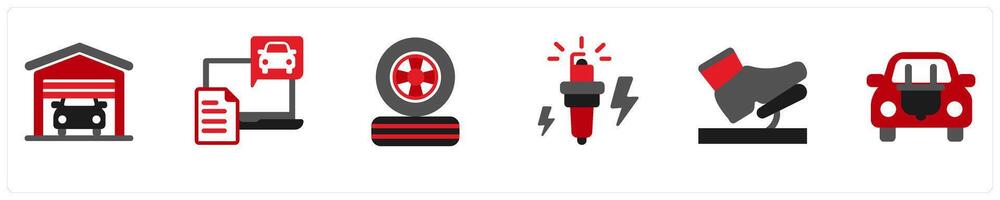 Six technology icons in red and black as garage, computer diagnostic vector