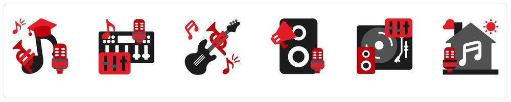 Six music icons in red and black as mastering, sound board, band, vector