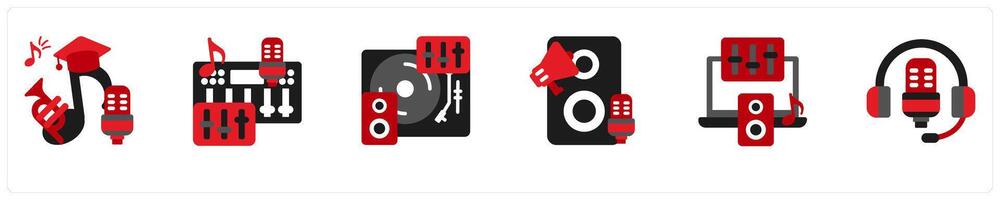 Six music icons in red and black as mastering, sound board, mixing vector