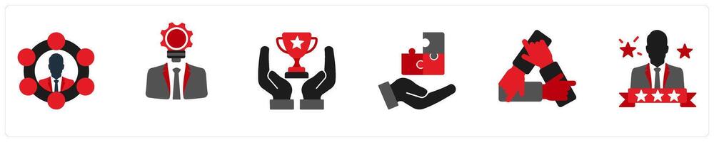 Six business icons in red and black as teamwork, personal development, success vector