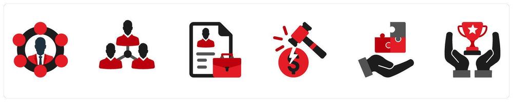 Six business icons in red and black as teamwork, company structure, resume vector