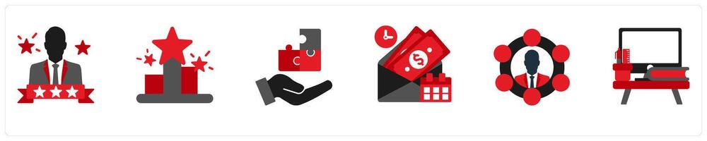 Six business icons in red and black as promotion, abilities, solution vector