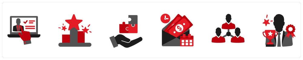 Six business icons in red and black as recruitment, abilities, solution vector