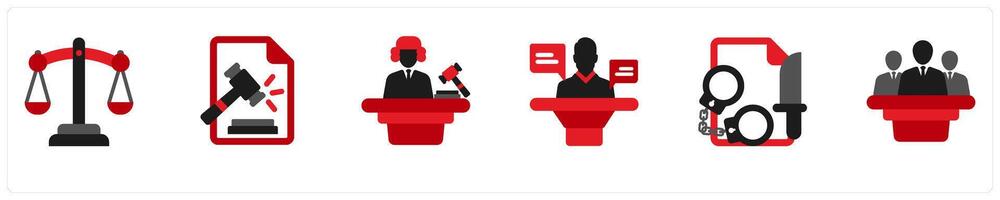 Six justice icons in red and black as court, scale of justice, judge vector