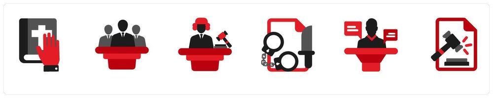 Six justice icons in red and black as book oath, jury, judge vector