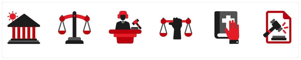 Six justice icons in red and black as scale of justice, legal paper, judge vector