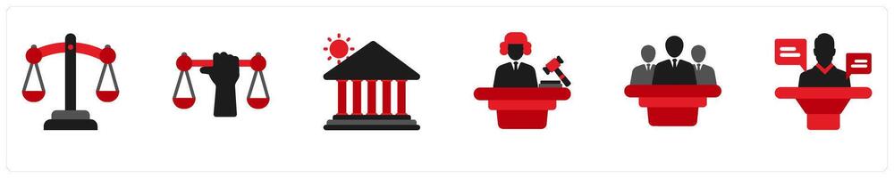 Six justice icons in red and black as scale of justice, justice, court vector